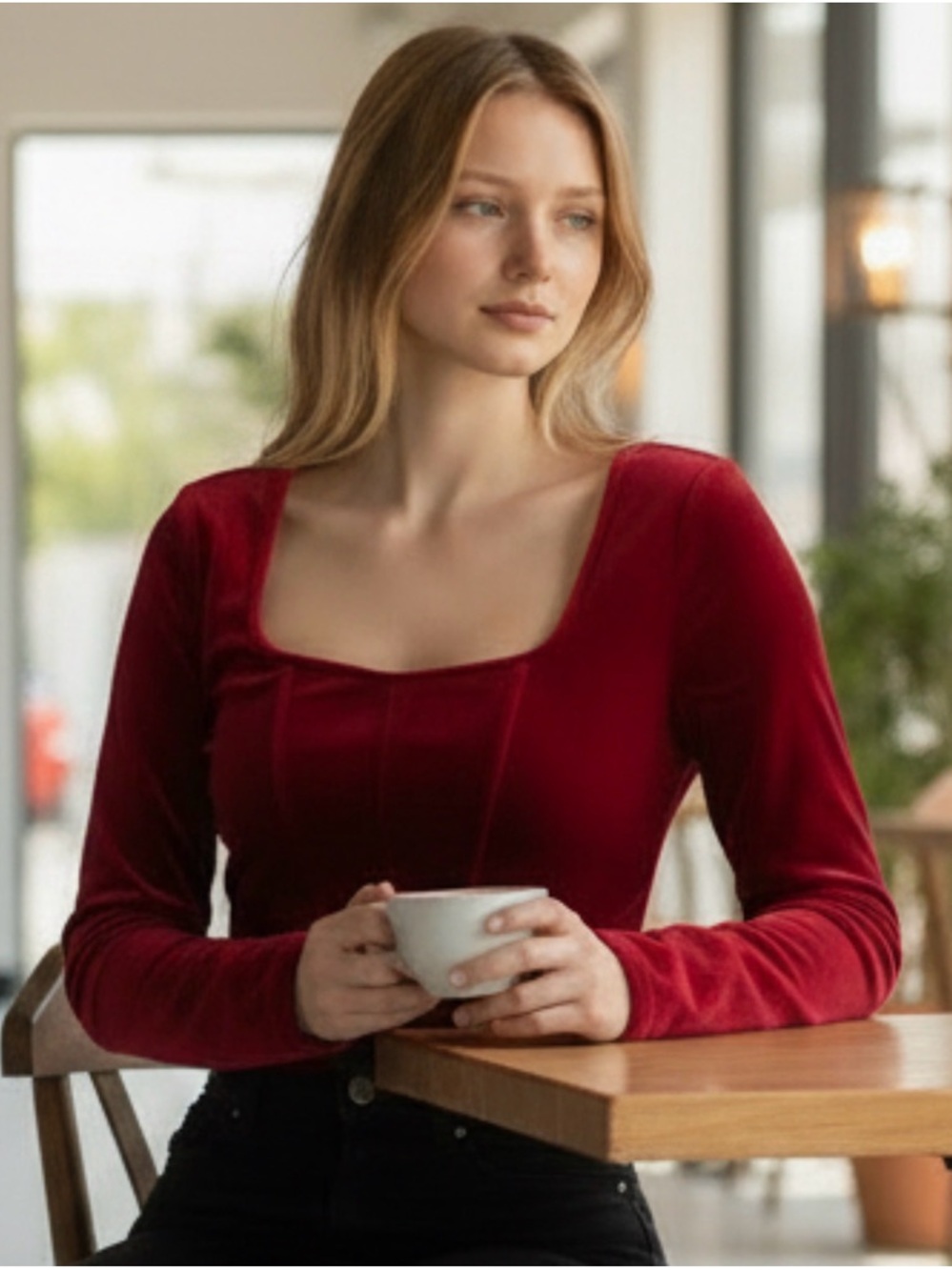 Elodie Velvet Square-Neck Long Sleeve Top in Ruby Red